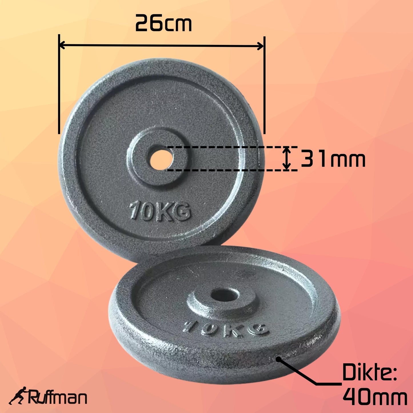 2x 10kg dumbbell plates set - 20kg - cast iron - 30mm